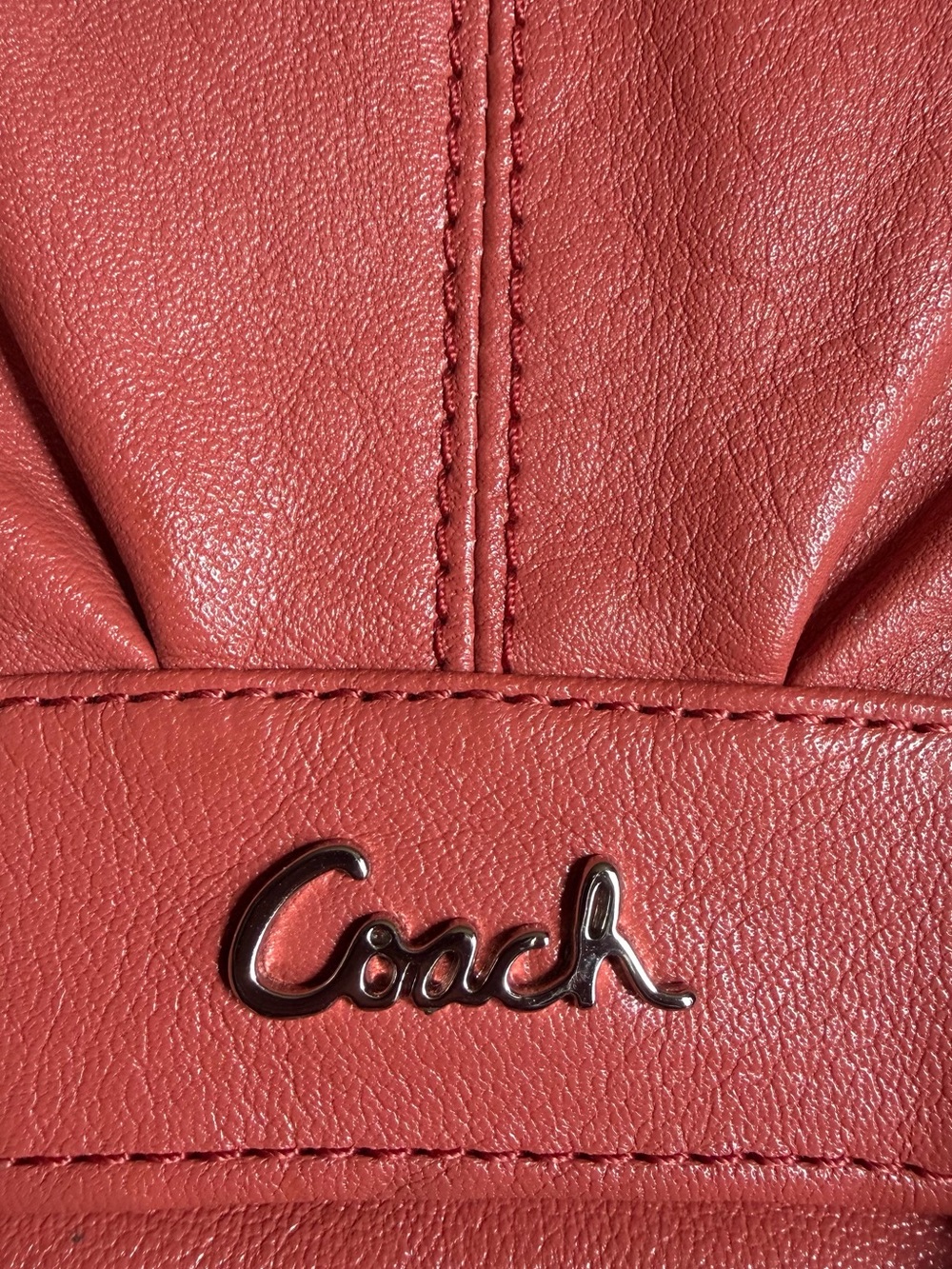 Coach Coral/Salmon Leather Convertible Wristlet Clutch Gathered Front Logo Purse - Picture 4 of 9